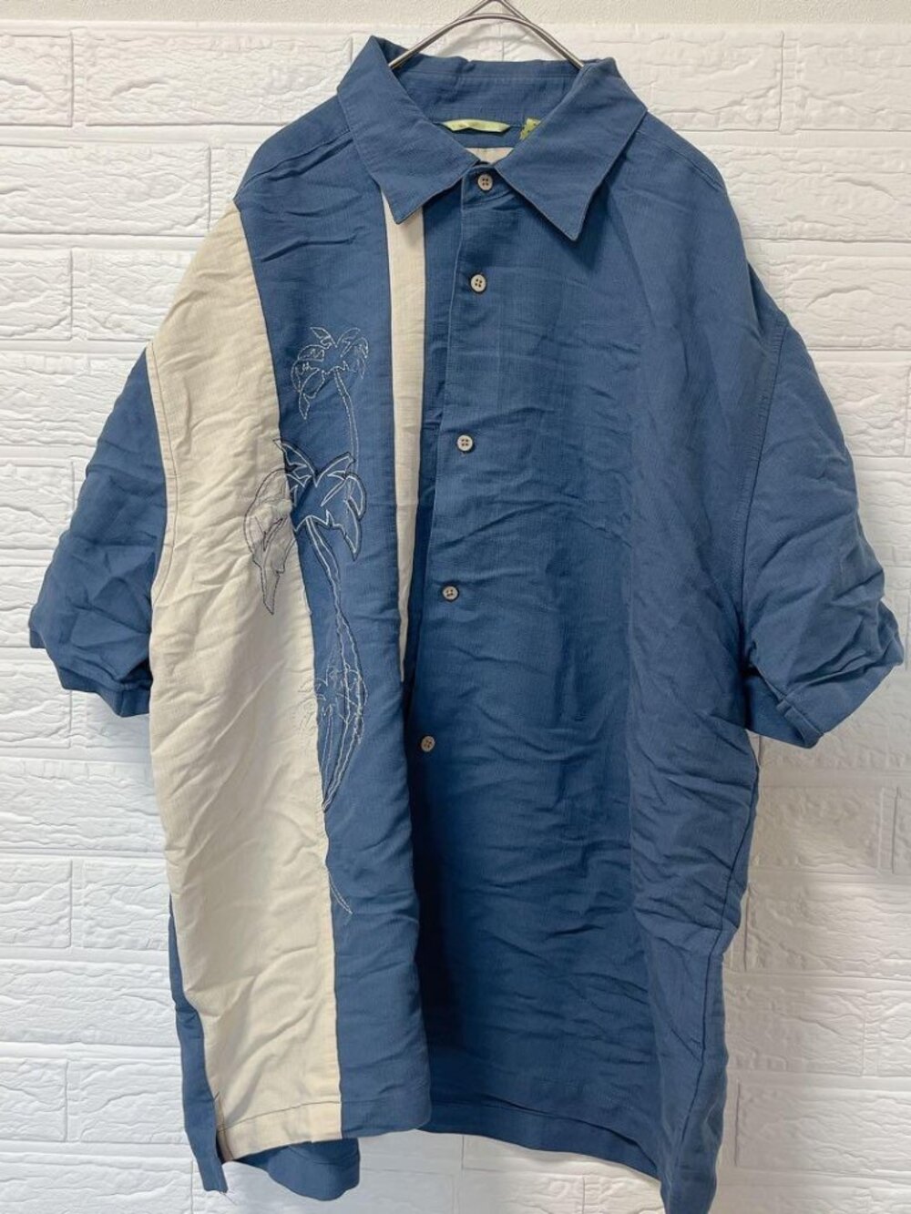 Palm Pattern Short-Sleeved Open-Collar Shirt Blue